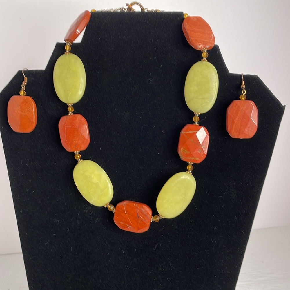 Gemstone Necklace & Earrings Orange Jasper Green Serpentine Gemstone Set